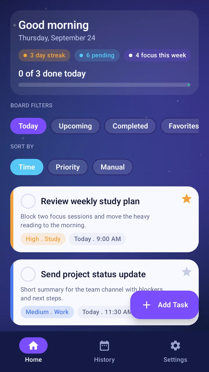 Whiteboard Remind home screen with task board